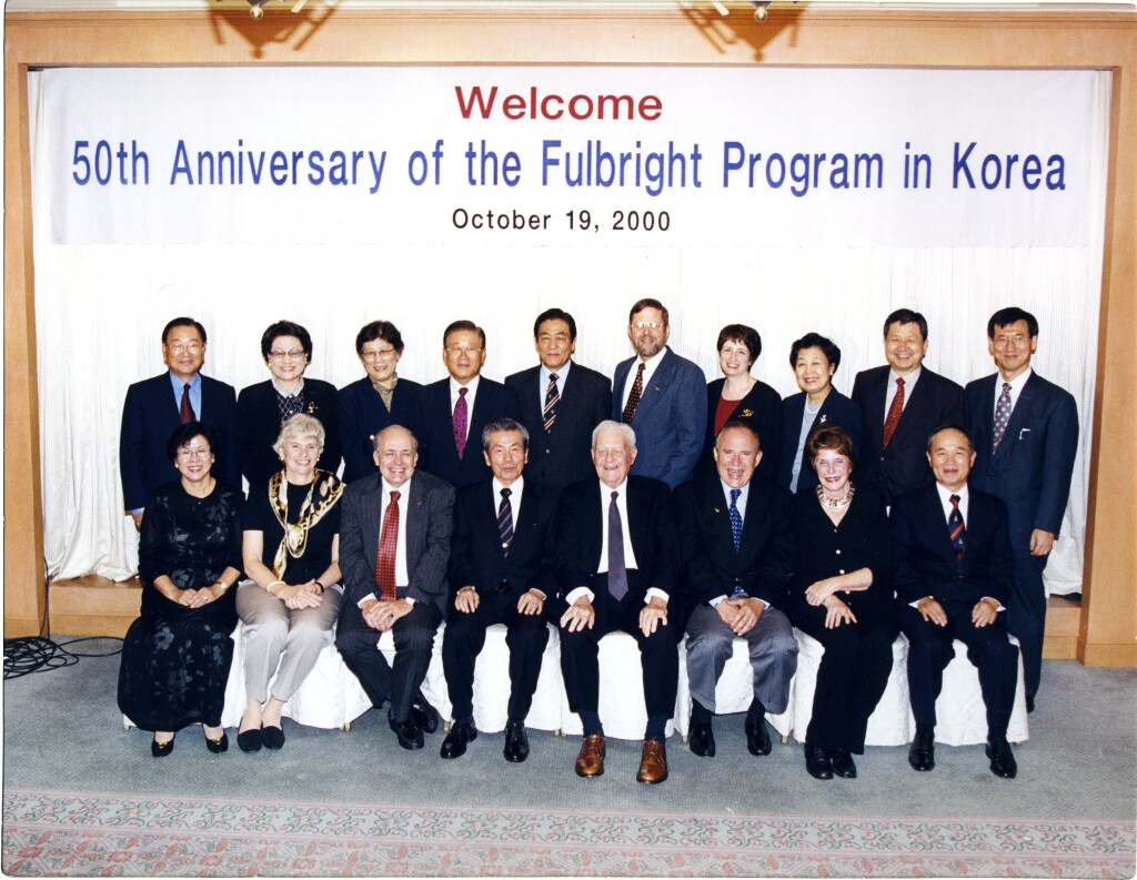 On October 20, 2000 the Fulbright program in Korea commemorated its 50th anniversary with a conference and banquet in the Grand Ballroom of the Radisson Seoul Plaza Hotel.  From top left:  Lee Hai; Mrs***, Young Choi KFAA member; Lee Dai Soon, Korea Fulbright Foundation Chairman; Kim Kee Soon KFAA member;  Horace H. Underwood KAEC Executive Director; Nancy Underwood; Shim Jai Ok KAEC Deputy Directory; Kim Moon Hwan KFAA member; Kwon Oryang KFAA member  From bottom left: Yun Bokcha KFAA President, Beth Nyhus J. William Fulbright Foreign Scholarship Board Administrative Staff, Hoyt Purvis J. William Fulbright Scholarship Board Member, Roh Jung Hyun KFAA member, Bernard J. Lavin former Public Affairs Officer;  Alan Schechter J. William Fulbright Foreign Scholarship Board Chairman; Mrs. Alan Schecter; Ahn Byong Man former KFAA President.